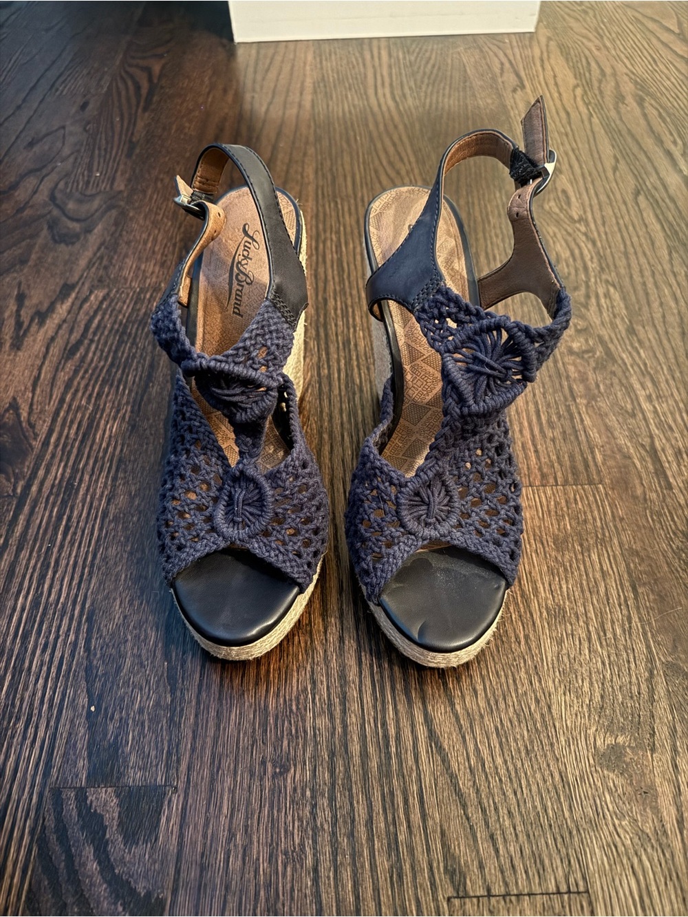 Lucky Brand Navy Crochet Espadrille Wedge Sandals